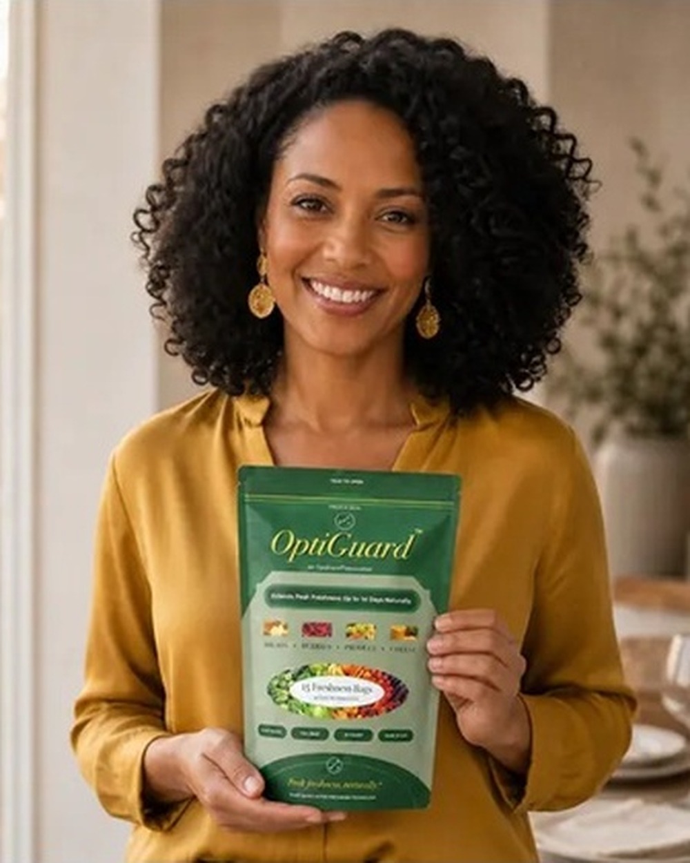 A woman in a kitchen holding an OptiGuard package.